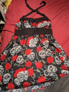 Black Strapless Dress with Red Rose & Skull Print